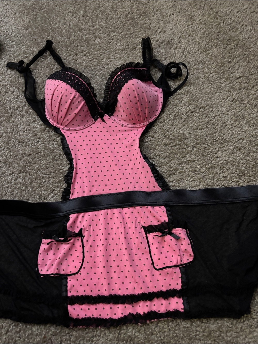 Pink Polka Dot Lace Trim Chemise with Pockets